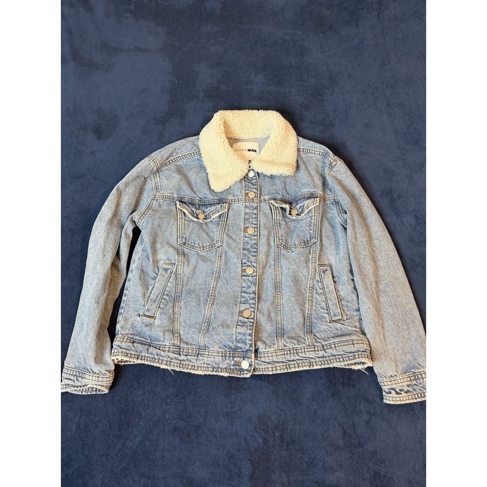Fashion Nova Mens Sherpa Lined Denim Jacket Blue Distressed Small